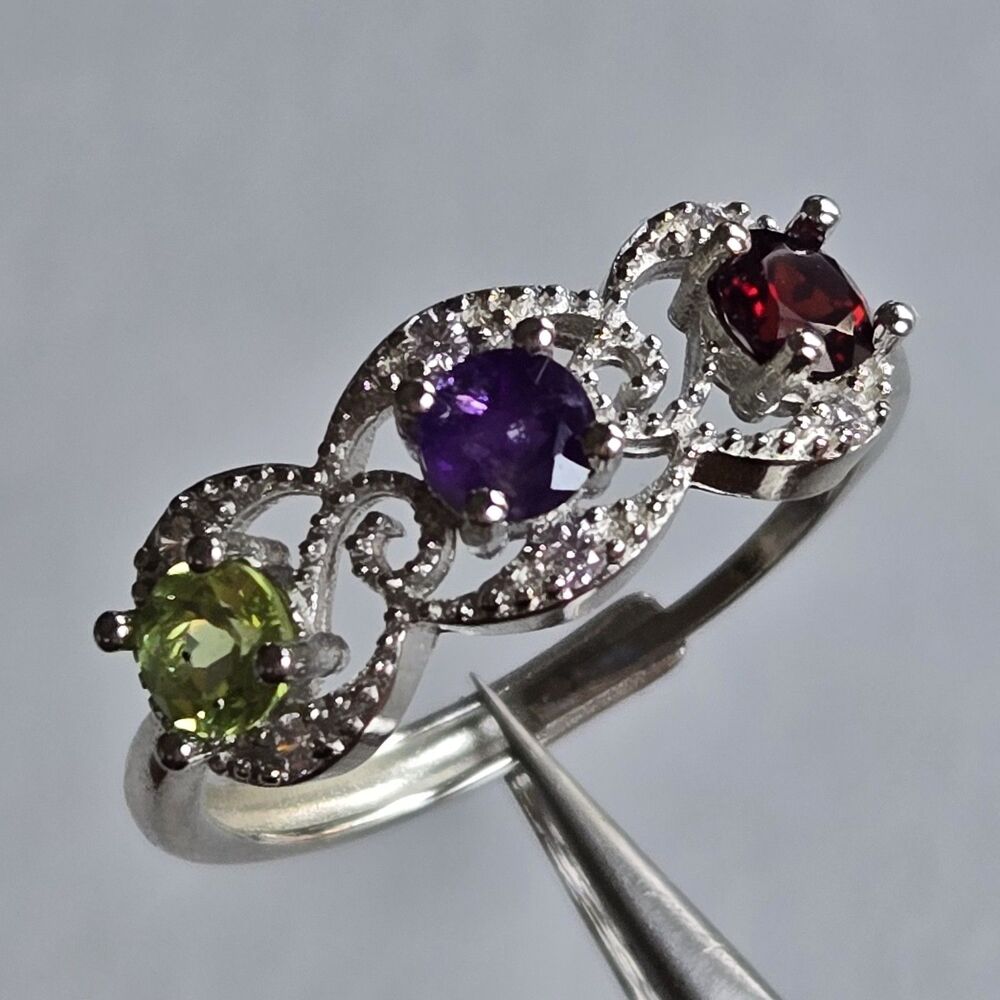 Sterling Silver 925 Adj Ring Size 9 Garnet Amethyst Peridot 3 Stone Halo Mothers